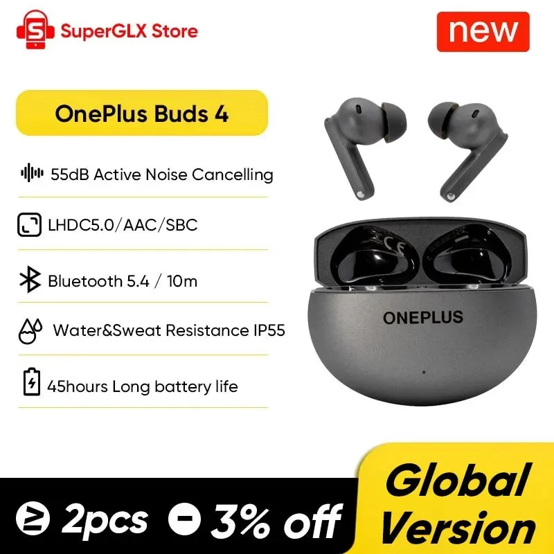 Global Version OnePlus Buds 4 True Wireless AI Call trokšņu slāpējošas austiņas 55dB tāls pārraides diapazons IP55 ūdensizturīgas portatīvās austiņas