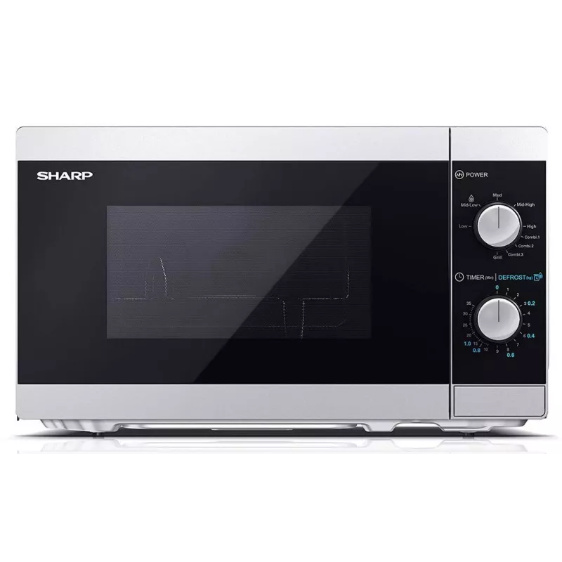 Kombinētā mikroviļņu krāsns Sharp YC-MG01E-S — 20 l, 800 W mikroviļņu, 1000 W grils, 5 jaudas līmeņi, rotējoša vadība, 25,5 cm grozāmā pamatne