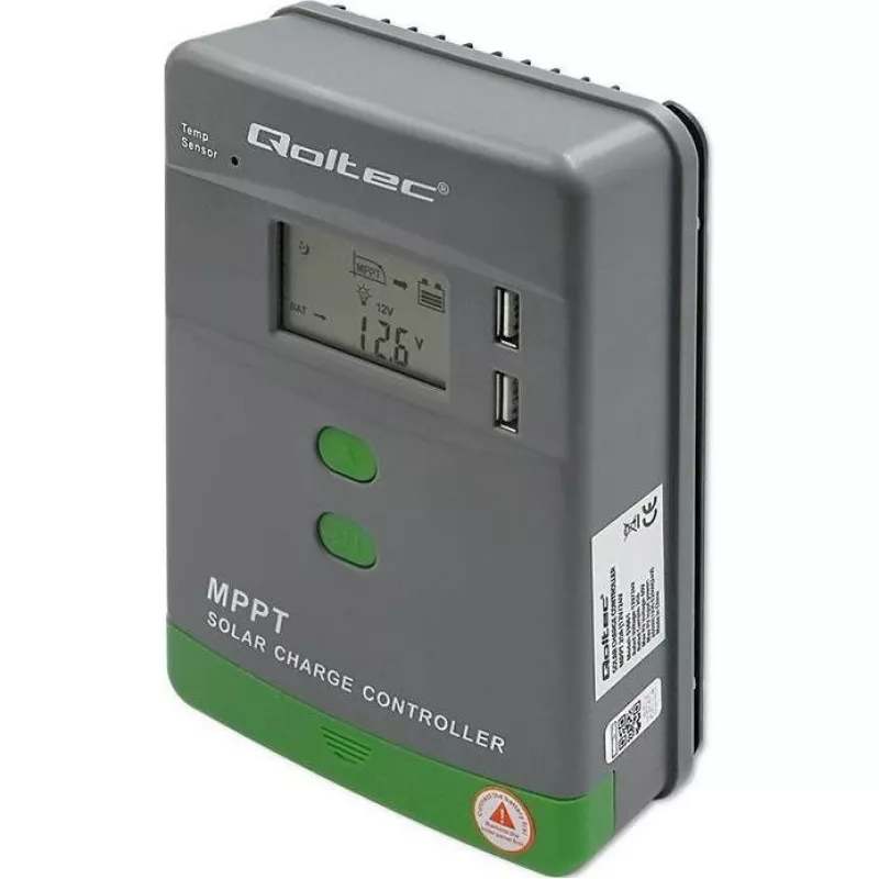 Qoltec, saules MPPT lādēšanas kontrolieris ar temperatūras sensoru 20A 12V/24V Displejs LCD 2 X USB