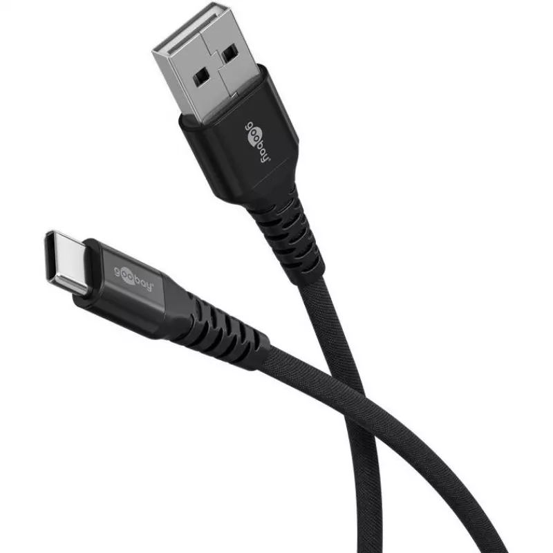 Goobay USB kabelis-C Fabric Supersoft ar metāla savienotājiem, 2 m, melns (2m, USB 2.0, 60W), USB kabelis