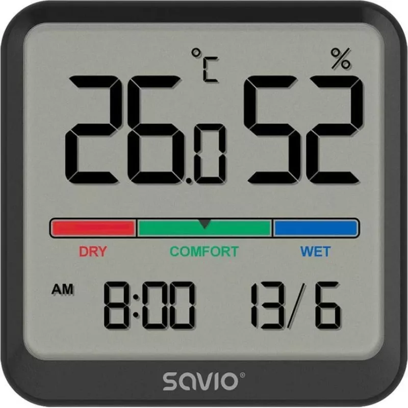 Iekštelpu temperatūras un mitruma sensors SAVIO CT-01/B brīvi stāvošs, LCD, -10–55°C, 10–99% RH, CR2032