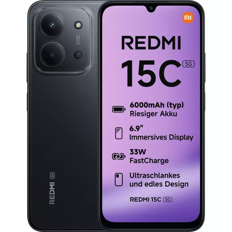 Xiaomi Redmi 15C Midnight Black 6.9 collu IPS LCD 720 x 1600 pikseļi 4 GB RAM 128 GB Divas SIM 5G 50 MP kamera