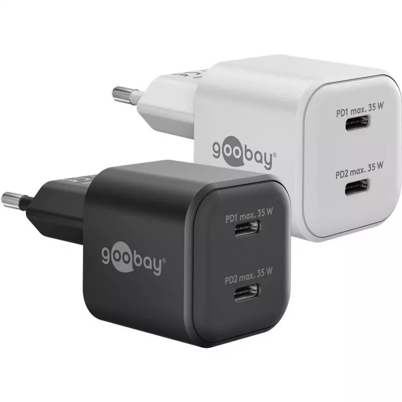 USB-C Dual-Fast lādētājs Nano, PD, GaN, 35 W (balts, 2x USB-C, Power Delivery 3.0)
