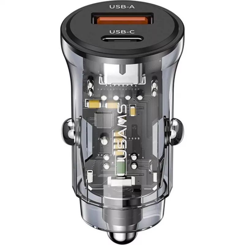 Auto lādētājs usams CC164CC01 30W ar 1×USB-A un 1×USB-C ātrai uzlādei