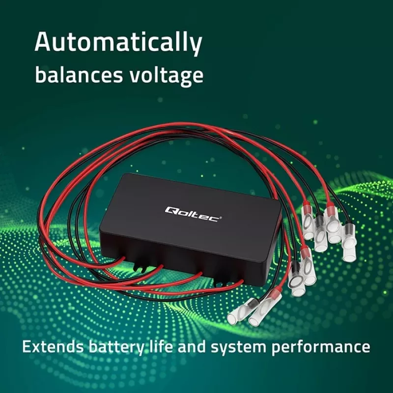 Sprieguma balansētājs QOLTEC 51098 48V sistēmām — 4×12V bateriju izlīdzinātājs