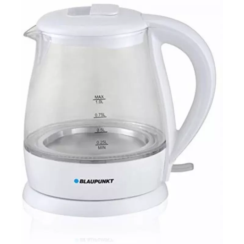 Elektriskā tējkanna BLAUPUNKT 1 L 1630 W Balta — stikla korpuss, 360° pamatne, pogas vāks