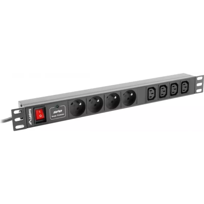 Strāvas sadales bloks LANBERG PDU-04E04I-0200-IEC-BK — 1U, 4 Type E ligzdas, 2 m kabelis, 10 A, 220–250 V