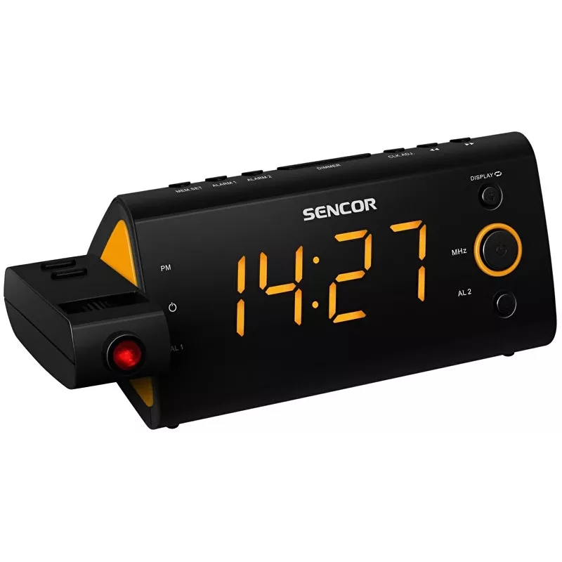 Pulksteņa radio SENCOR SRC 330 OR — FM pulksteņa radio ar 1,2 collu LED displeju, dubulto modinātāju, sarkanu 180° projekciju, iekštelpu temperatūru, baterijas rezerves barošanu