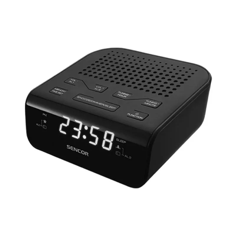 Pulksteņa radio SENCOR SRC 136 B — PLL FM, 0,6 collu LED, divkāršs modinātājs, snaudiens, baterijas rezerves barošana, melns