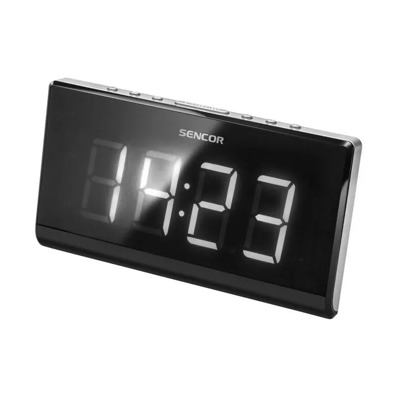 Pulksteņa radio SENCOR SRC 340 — FM pulksteņa radio ar 1,8 collu baltu LED displeju, sarkanu 180° projekciju, divkāršu modinātāju, 10 FM iegaumējamiem kanāliem, akumulatora rezerves barošanu