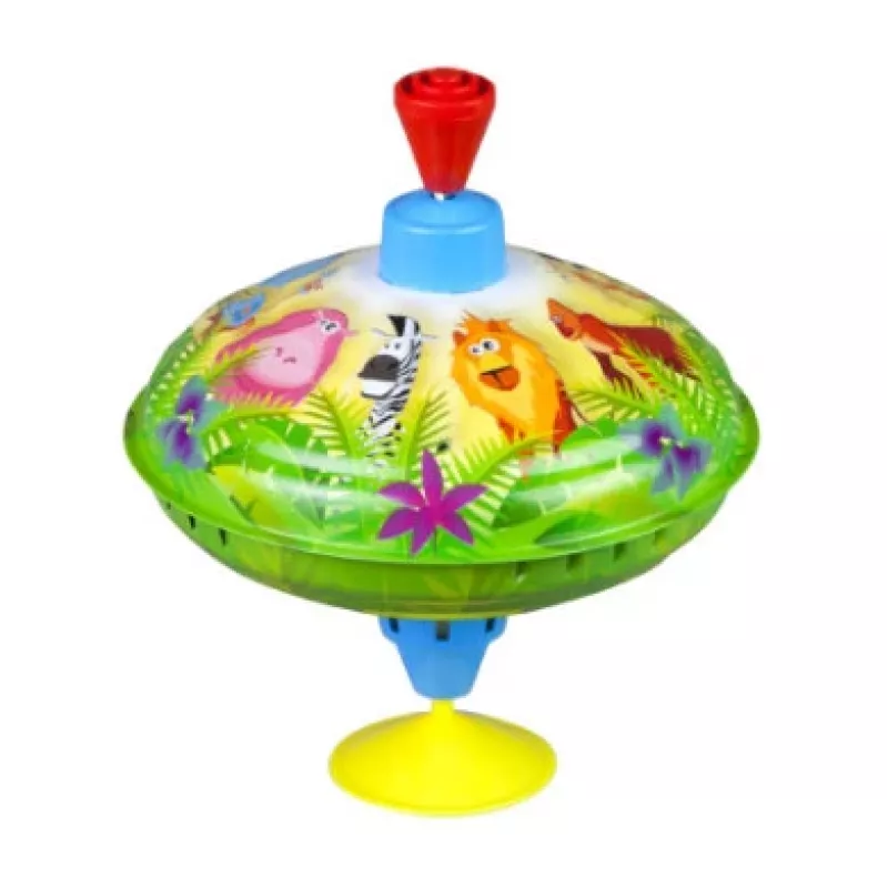 Rotējošā bumbiņa Lena Humming top Savvaļas dzīvnieki 16 cm — koka rotējošā rotaļlieta no Lena, 16 cm diametrs