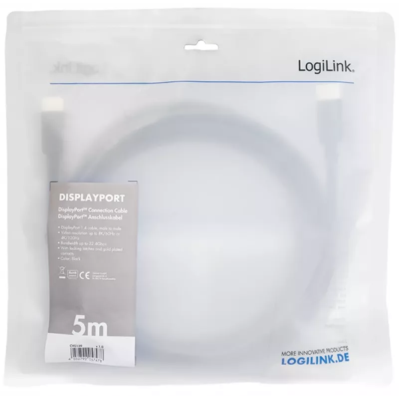 DisplayPort kabelis LogiLink CV0139 5 m Melns