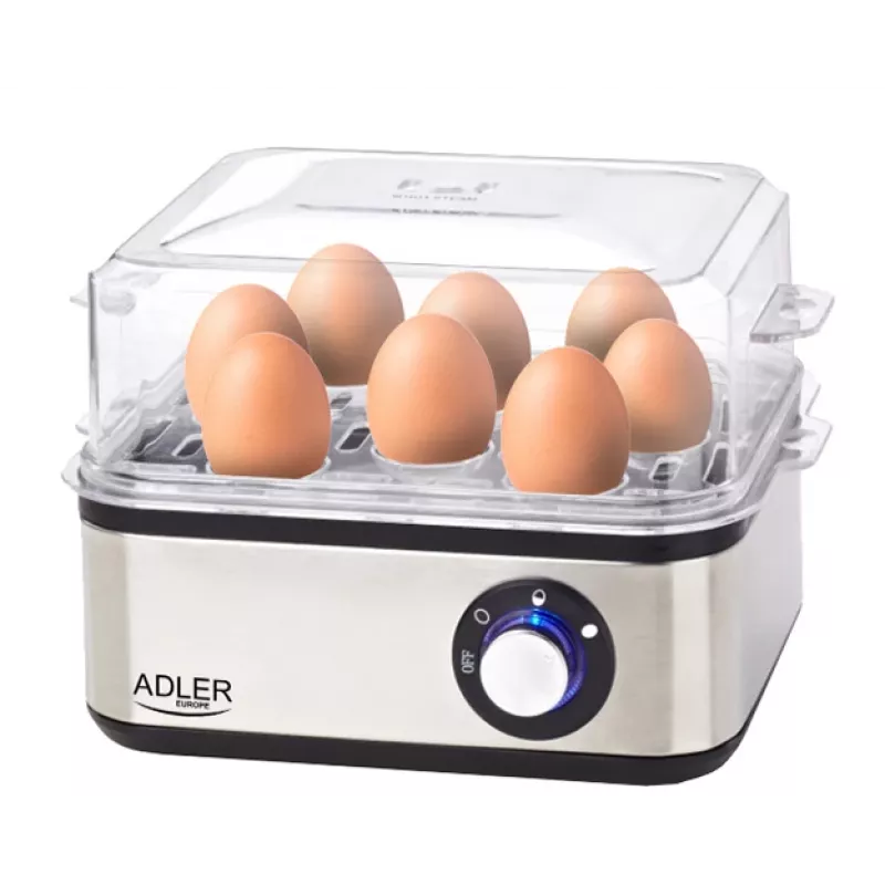 Olu vārāmais katls Adler AD 4486 — ietilpība 8 olām, 800 W, melns, matēta tērauda ar caurspīdīgu vāku