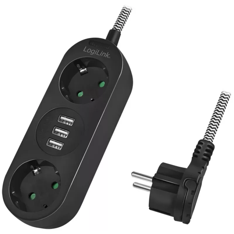 Power Extension LogiLink LPS262U 1.5m 2 AC Outlets Indoor Melns