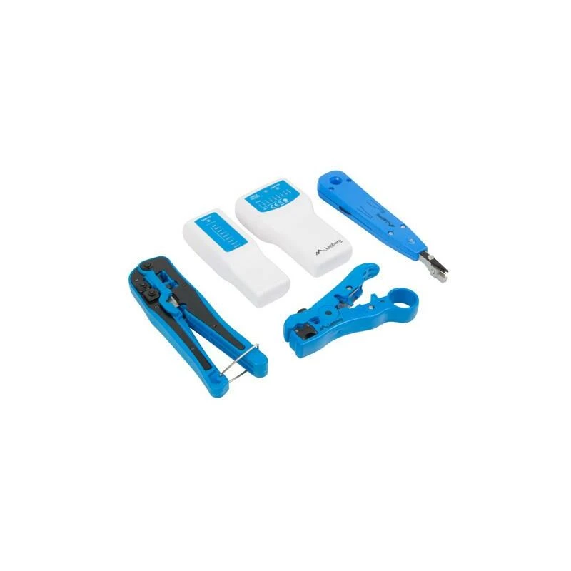 LANBERG kabeļu presēšanas instrumentu komplekts NT-0302 — RJ-45 presētājs, plastmasas rokturi, pārnēsāšanas futrālis, ieslēgšanas/izslēgšanas slēdzis, daudzkrāsains