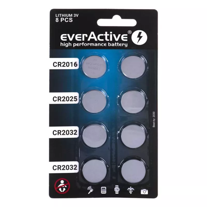 8 litija bateriju komplekts everActive 4 x CR2032, 2 x CR2025, 2 x CR2016