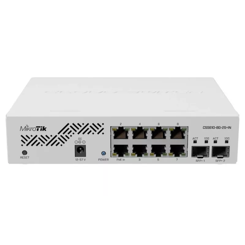 Tīkla slēdzis MikroTik CSS610-8G-2S+IN — 8x Gigabit RJ-45, 2x SFP+ 10G, PoE, 12–57V ieeja