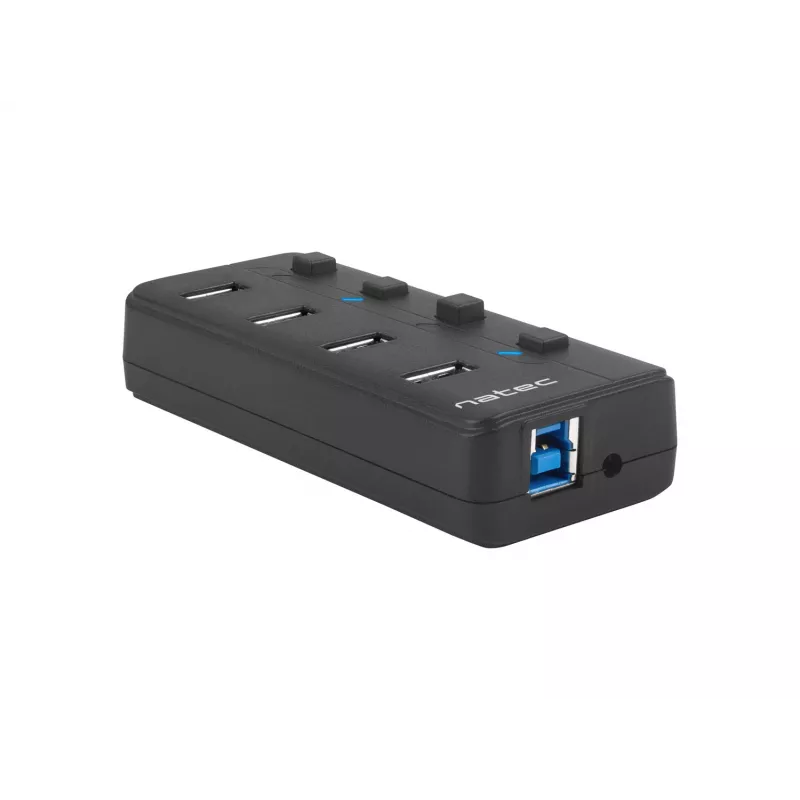 USB centrmezgls NATEC MANTIS USB 2.0 Type-B — 4x USB 3.2 Gen 1 Type-A porti, melns, 0,8 m kabelis, maiņstrāvas adapteris, barošanas slēdzis
