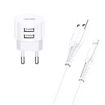 usams Charger T20 2x USB 2.1A ar Lightning kabeli — pārnēsājams USB tīkla lādētājs