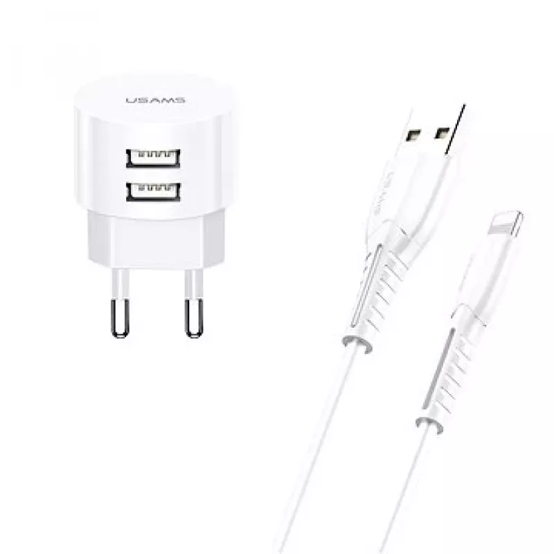 usams Charger T20 2x USB 2.1A ar Lightning kabeli — pārnēsājams USB tīkla lādētājs
