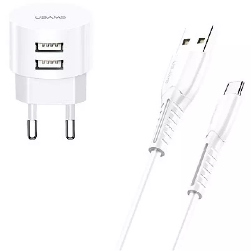 Lādētājs usams XTXLOGT18TC05 ar 2x USB pieslēgvietām un integrētu USB‑C kabeli, 2.1 A izeja