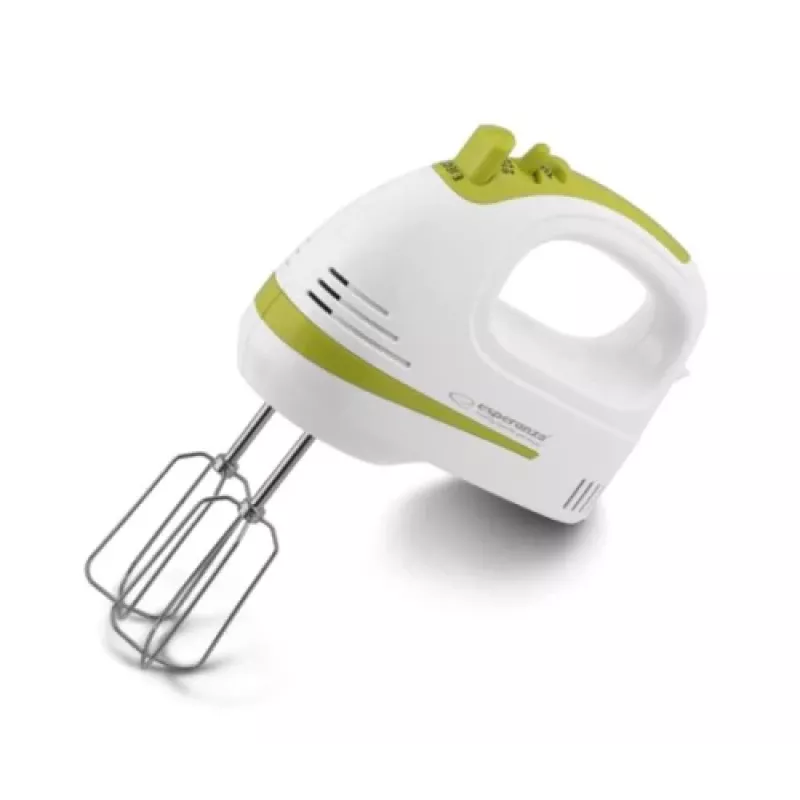 Rokas mikseris ESPERANZA EKM011 — 400 W, 5 ātrumi, turbo, mīklas āķi un putotāji, 220–240 V, balts/gaiši zaļš