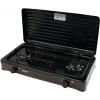 Mpm Kn-02/1kb portatīvā gāzes plīts kempingam ar 2 degļiem, emaljētu režģi, aizsargvāku, standarta G30-37 Mbar, melna