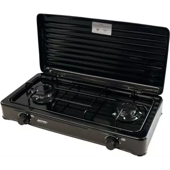 Mpm Kn-02/1kb portatīvā gāzes plīts kempingam ar 2 degļiem, emaljētu režģi, aizsargvāku, standarta G30-37 Mbar, melna