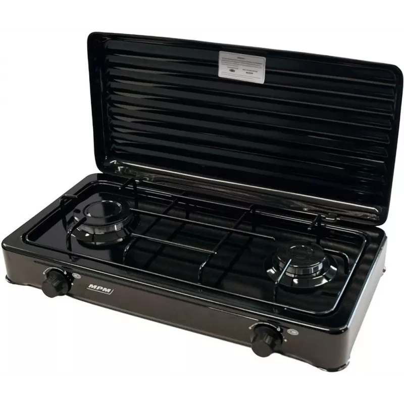 Mpm Kn-02/1kb portatīvā gāzes plīts kempingam ar 2 degļiem, emaljētu režģi, aizsargvāku, standarta G30-37 Mbar, melna