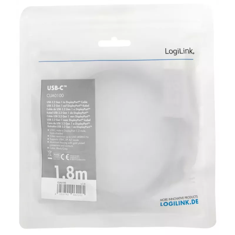 LogiLink CUA0100 Kabeļa savienotāju adapteris DisplayPort USB 3.2 Gen1 Type-C 1,8 m Melns Pelēks