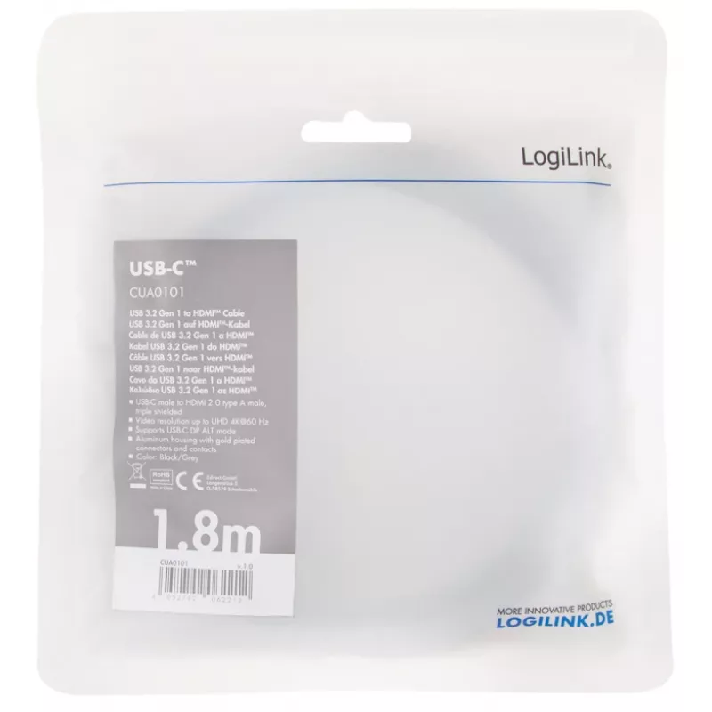 LogiLink CUA0101 USB 3.2 Gen1 Type-C uz HDMI-A kabelis 1,8 m melns pelēks