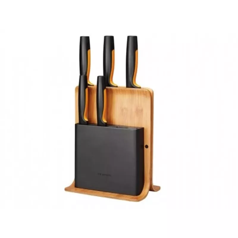 Nažu bloks ar spraugām Fiskars 1057552 — koka taisnstūra nažu bloks ar 5 spraugām, nerūsējošais tērauds, maksimālais naža garums 21,3 cm