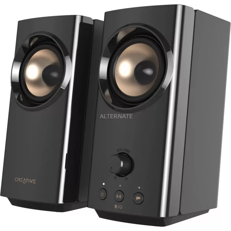 CREATIVE T60 2.0 kompakti Hi-Fi galda skaļruņi ar skaidru dialogu un apkārtējo skaņu, izmantojot Sound Blaster SmartComms komplektu, USB-C audio, mikrofona un austiņu portiem B