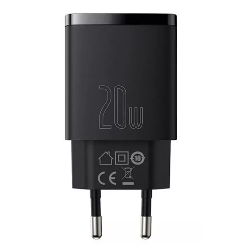Iekštelpu USB ātrais lādētājs Baseus CCXJ-B01 — 2 porti (USB-C PD 20W + USB-A QC3.0 18W), 100–240 V, melns