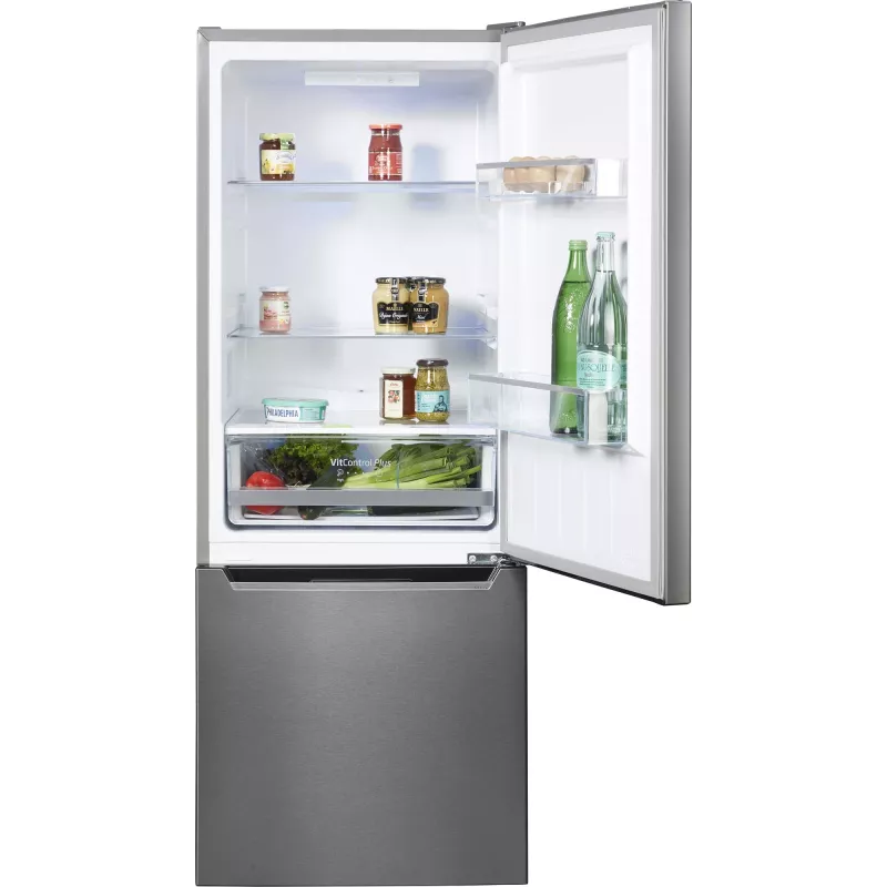 Brīvi stāvošs ledusskapis-salvētava AMICA KGCL 384 160 E, kopā 205 L, ledusskapis 153 L, saldētava 52 L, apakšā novietota saldētava, nerūsējošais tērauds