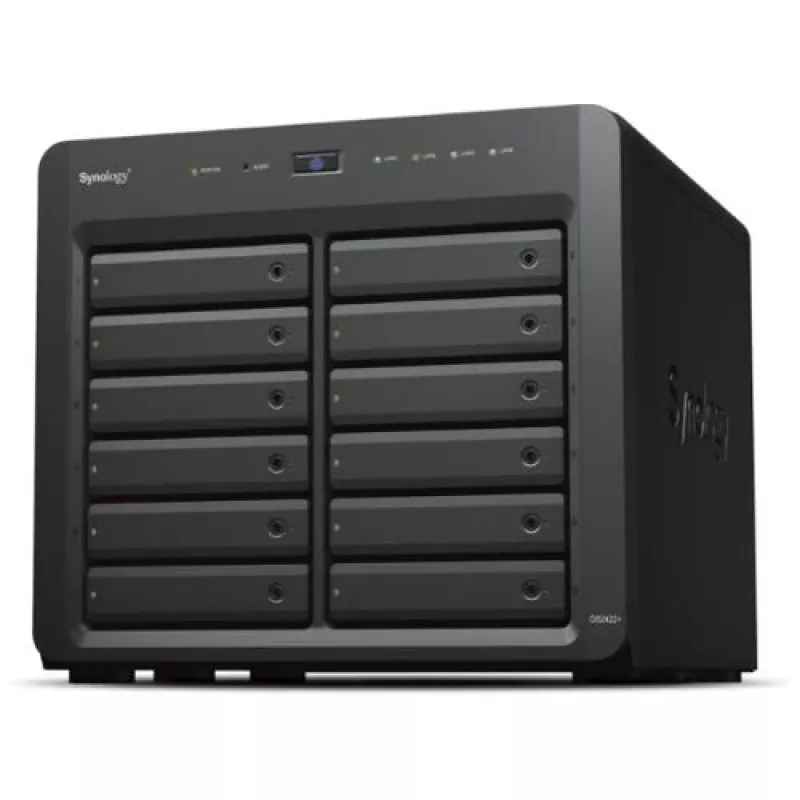 NAS Synology DS2422+; Tornis; 12x (3.5 SATA HDD/2.5 SATA HDD/2.5 SATA SSD); AMD Ryzen V1500B;,4 GB DDR4 (maks. 32GB),4 x 1GbE RJ-45
