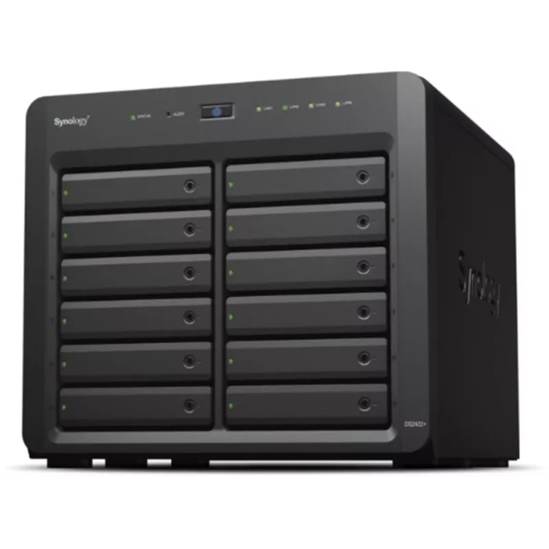 NAS Synology DS2422+; Tornis; 12x (3.5 SATA HDD/2.5 SATA HDD/2.5 SATA SSD); AMD Ryzen V1500B;,4 GB DDR4 (maks. 32GB),4 x 1GbE RJ-45