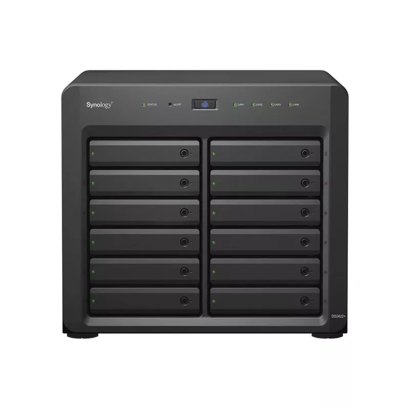 NAS Synology DS2422+; Tornis; 12x (3.5 SATA HDD/2.5 SATA HDD/2.5 SATA SSD); AMD Ryzen V1500B;,4 GB DDR4 (maks. 32GB),4 x 1GbE RJ-45