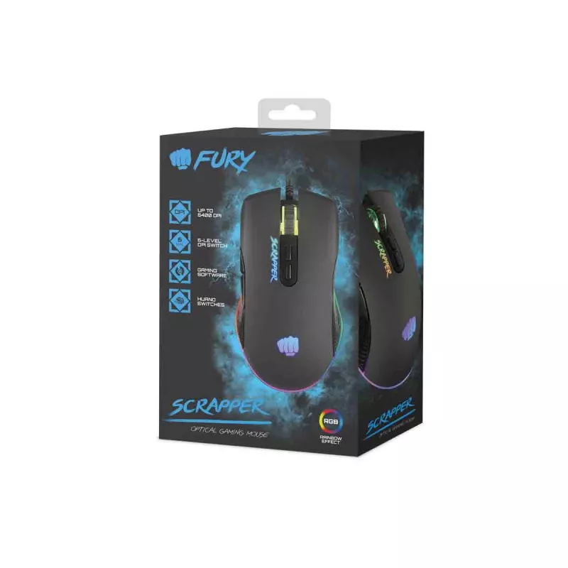 FURY Scrapper pele Spēlēm Piemērota abām rokām USB A tipa Optiskā 6400 DPI