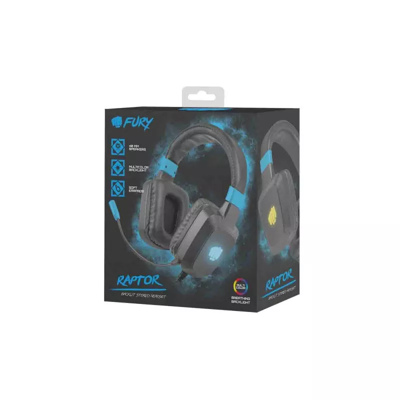 Vadu spēļu austiņas Fury NFU-1584 ar mikrofona strēli, apļveida, 98 dB, 15–25000 Hz, 2 m kabelis, USB un 3,5 mm, zila