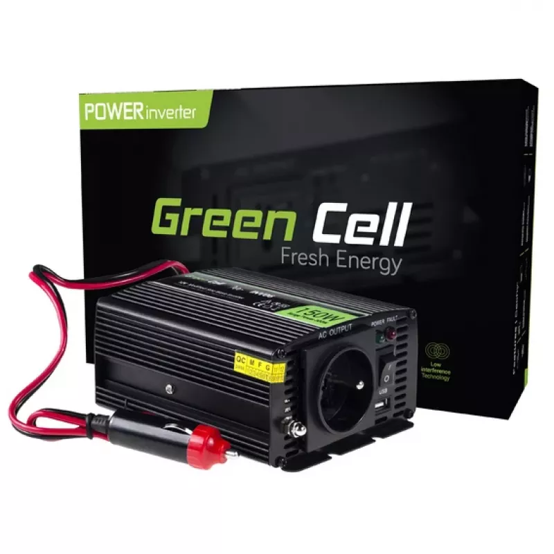 Invertera strāvas adapteris zaļa Cell INV06 12 V līdz 230 V 150 W 50 Hz C tipa spraudnis, 85% efektivitāte, melns