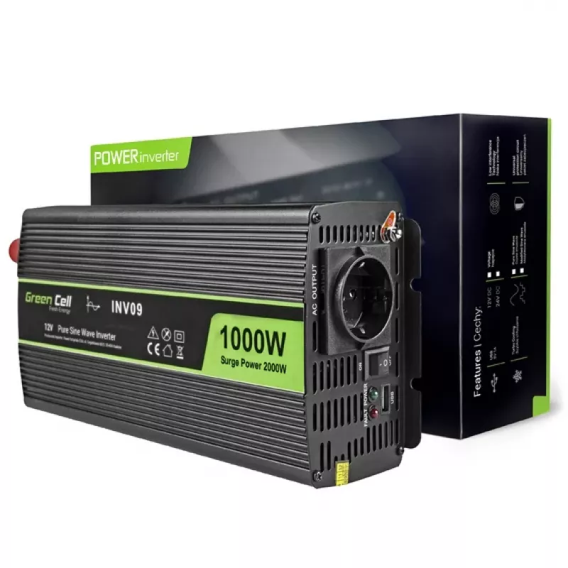 Green Cell INV09 tīkla adapteris/invertors Auto 1000 W Melns