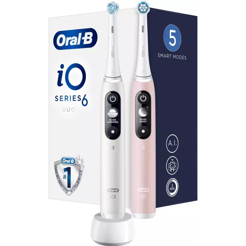 Braun Oral-B iO Series 6 Duo elektriskā zobu birste 2 iepakojumā balta/rozā
