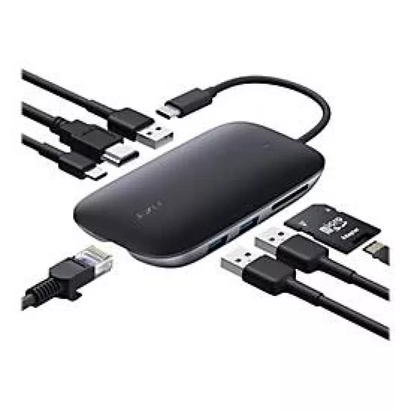 Klēpjdatora dokstacija AUKEY CB-C71 — 3x USB‑C (USB 3.2 Gen1), HDMI, RJ‑45, MicroSD, USB PD 100W, 0,15 m kabelis, melna