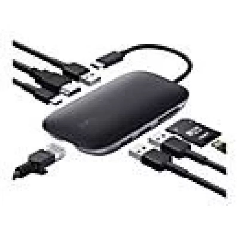 Klēpjdatora dokstacija AUKEY CB-C71 — 3x USB‑C (USB 3.2 Gen1), HDMI, RJ‑45, MicroSD, USB PD 100W, 0,15 m kabelis, melna