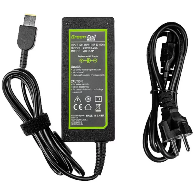 Strāvas adapteris zaļa Cell AD38AP 65W Lenovo klēpjdatoriem, 20V 3.25A, 1.2 m kabelis, melns