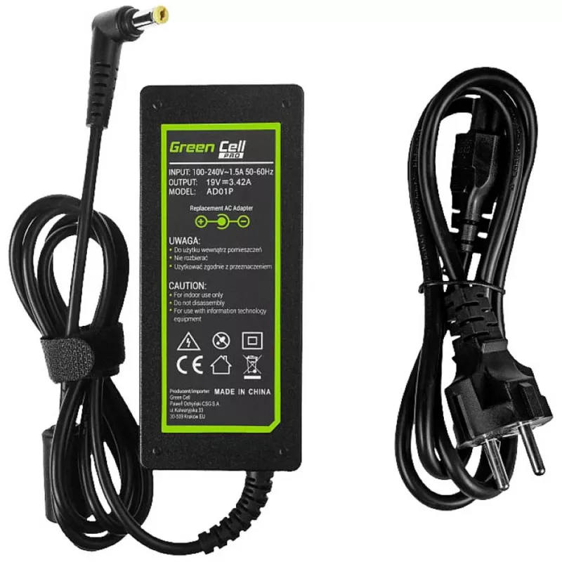 Barošanas adapteris zaļa Cell AD01P — 60 W, 19 V 3,42 A, iekštelpu klēpjdatora barošanas bloks, melns