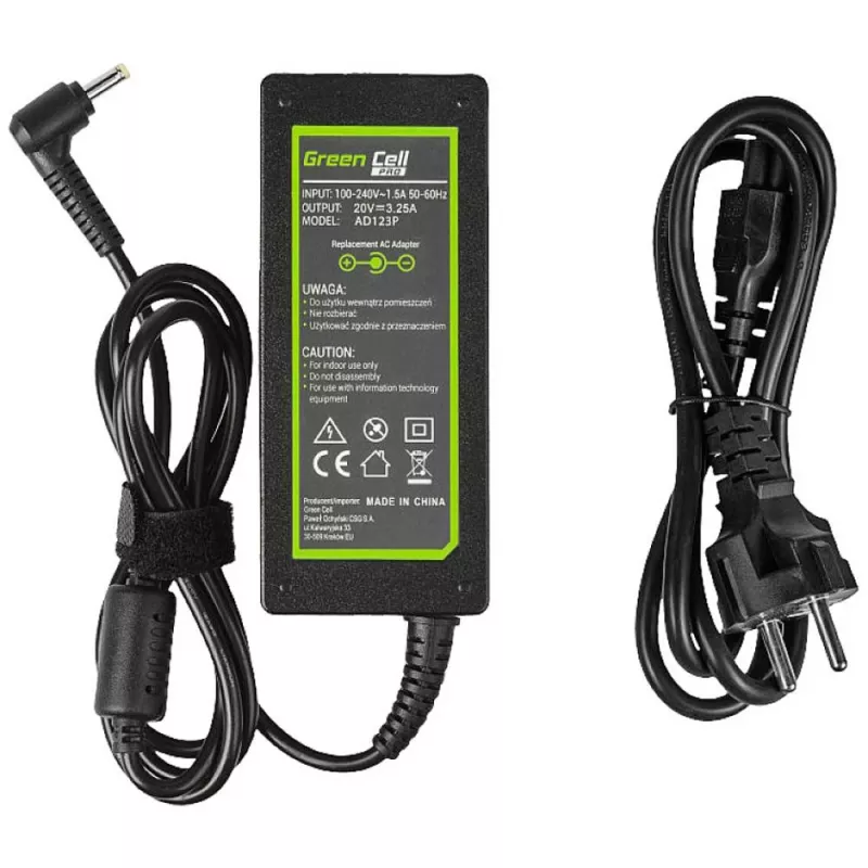 Strāvas adapteris zaļa Cell AD123P 65 W 20 V 3.25 A priekš Lenovo, iekštelpām, melns, 2 m kabelis