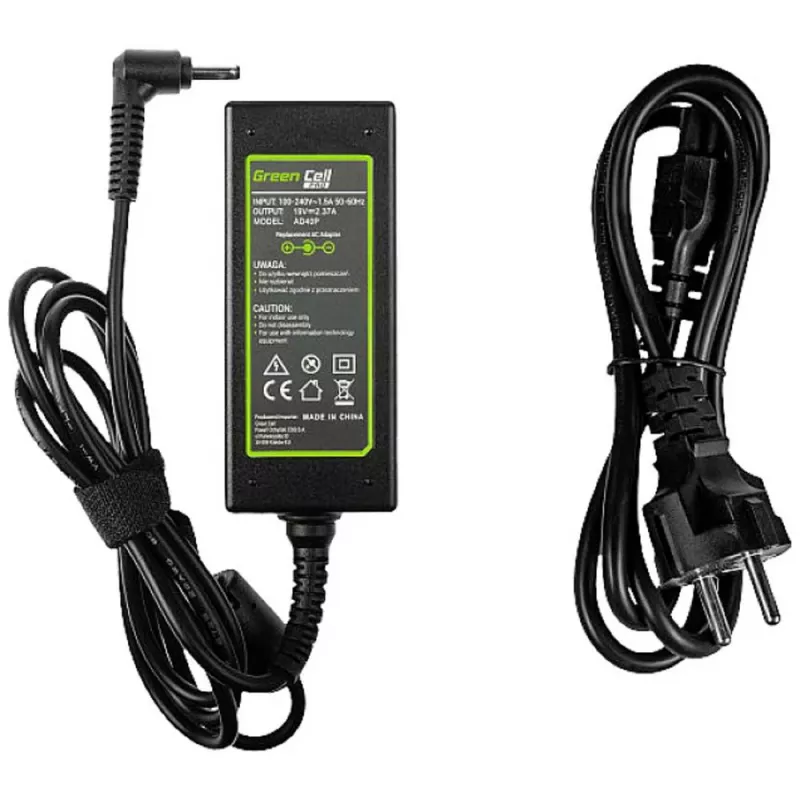 Barošanas adapteris zaļa Cell AD40P 45W klēpjdatoriem, 19V 2.37A, AC-to-DC, 100–240V ieeja, melns