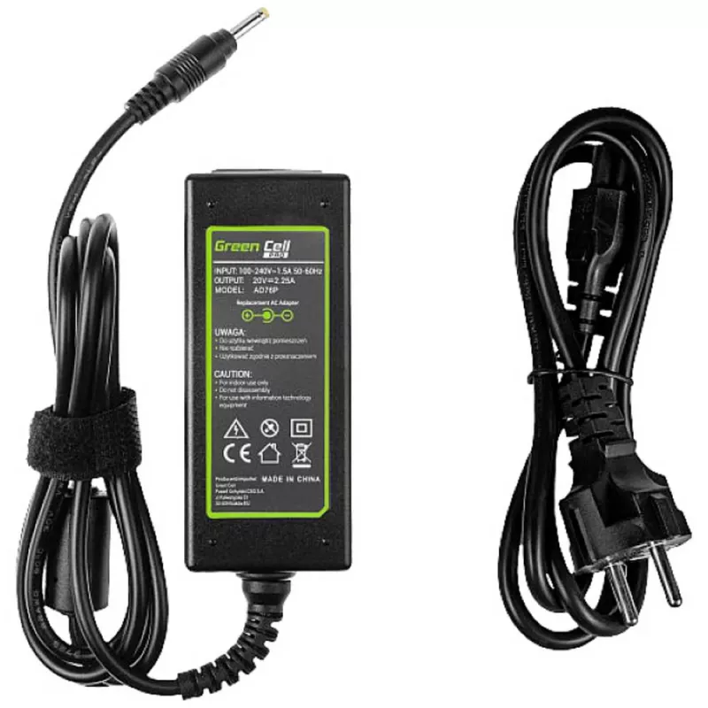 Strāvas adapteris zaļa Cell AD76P 45W Lenovo klēpjdatoriem, 20V 2.25A, maiņstrāvas-līdzstrāvas, 100–240 V ieeja, melns